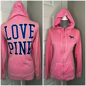 VS PINK Blue Satin Trim Full Zip Hoodie Woman's Sz XS Extra Small